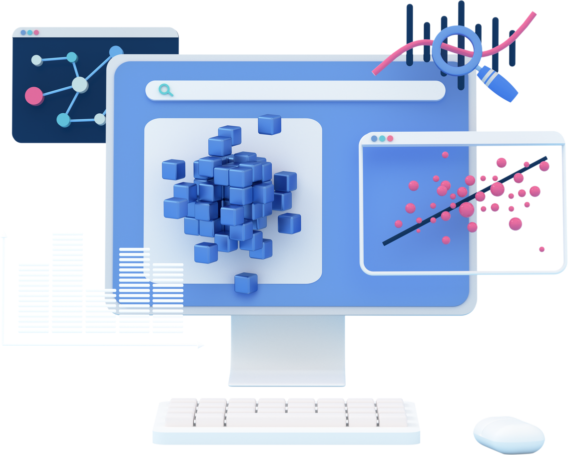 3d concept of data science and analytics, including big data, machine learning, data visualization, and predictive analytics. Desktop with  analytic graphics. 3d render illustration